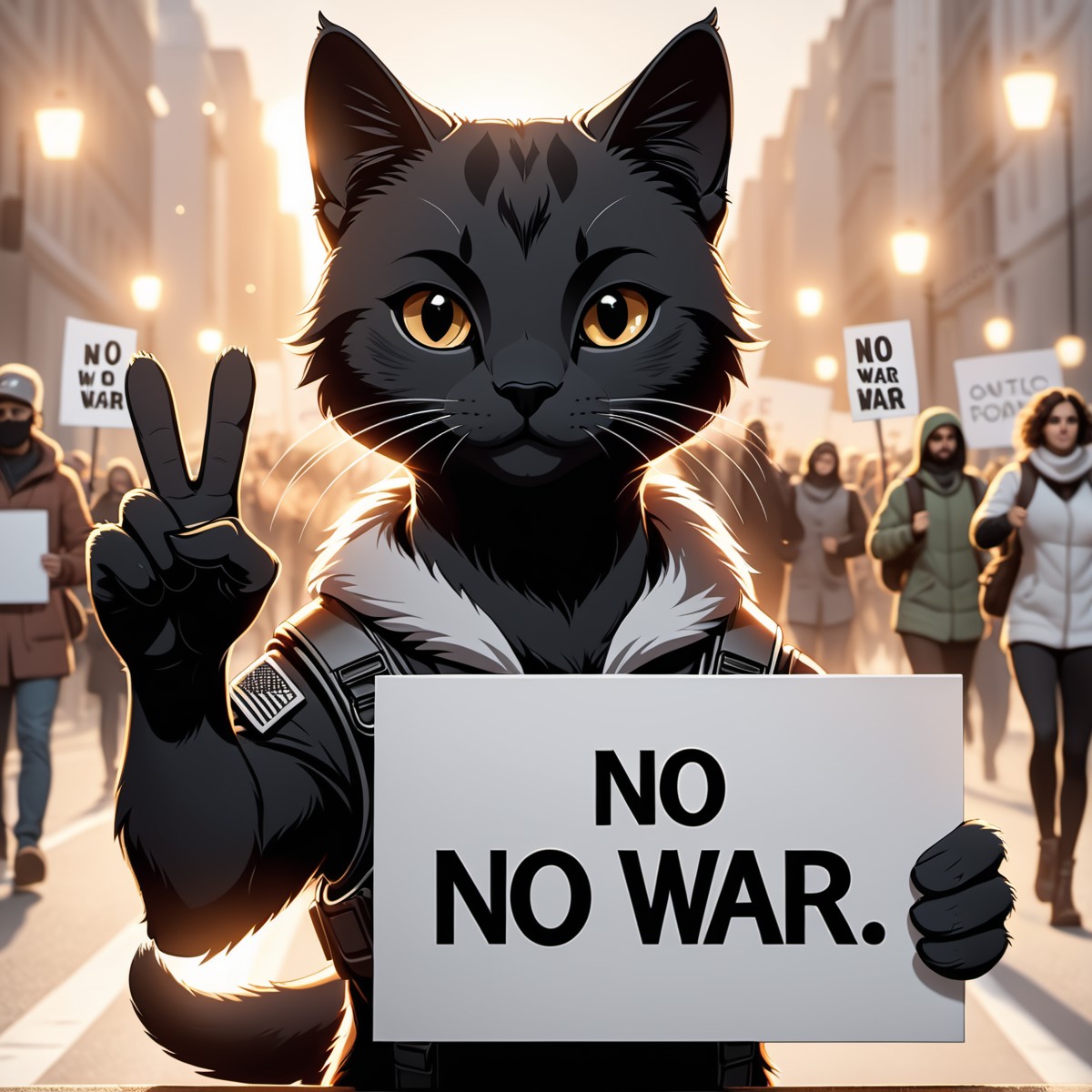 line art drawing cinematic film still a activist cat rally, protesting against war, making a  peace sign, holding a sign  ...